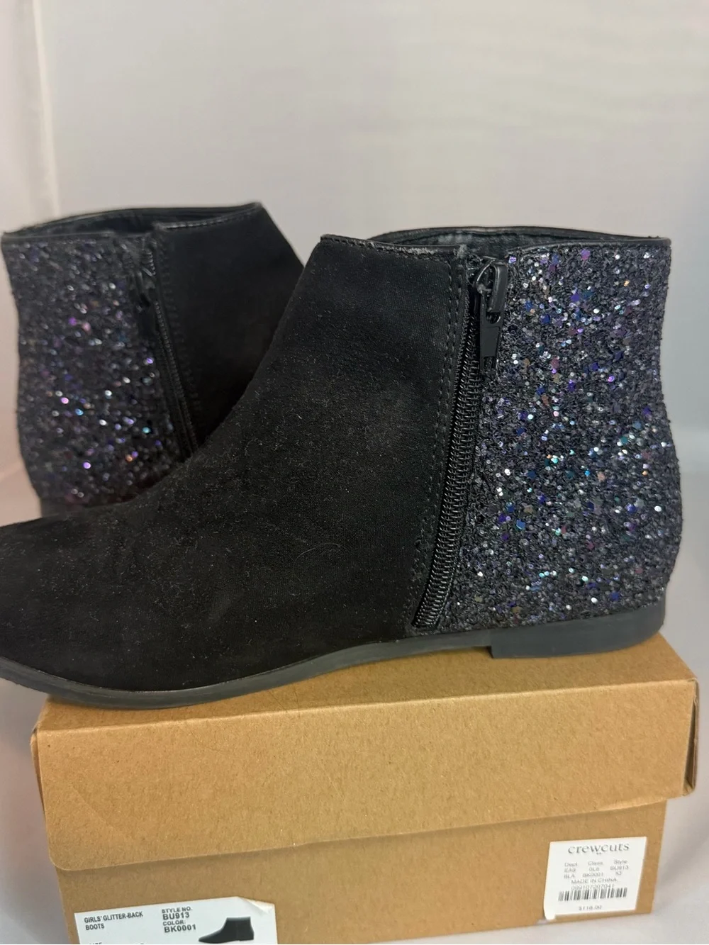 Crewcuts Black Suede Ankle Boots with Glitter Heel